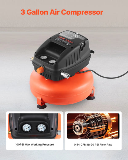 VEVOR 3 Gallon Air Compressor,1/3HP 0.54CFM @ 90PSI Portable Pancake Air Compressor & 100PSI Max Working Pressure, Oil-Free Compressor Tank for Tire Inflation, Spray Painting, Woodwork Nailing, 120V