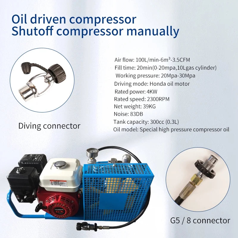 TUDIVING PCP Air Compressor, 4500psi/300bar Air Pump, 100L/min Air Flow Diving Compressor, Built-in filter for Scuba Tank Paintball, Gasoline Engine