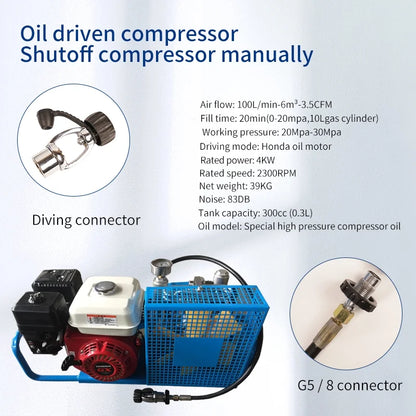 TUDIVING PCP Air Compressor, 4500psi/300bar Air Pump, 100L/min Air Flow Diving Compressor, Built-in filter for Scuba Tank Paintball, Gasoline Engine
