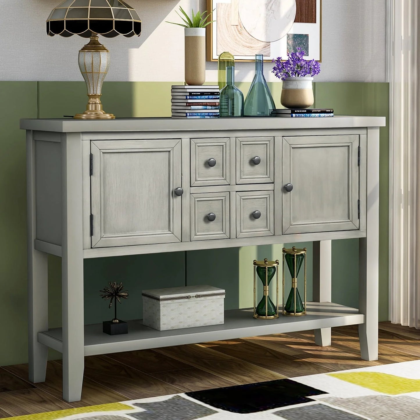 Buffet Sideboard, 46" Dining Room Console Table with 4 Storage Drawers, 2 Cabinets, 1 Bottom Shelf, Antique Grey, Q3687