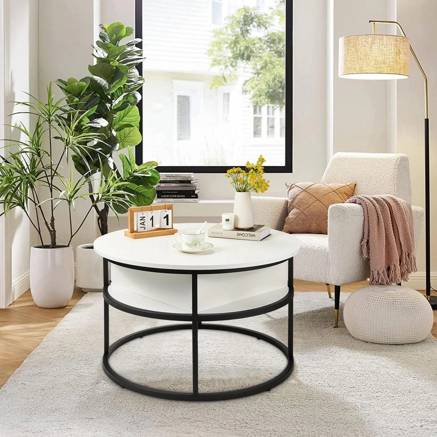 Round Lift Top Coffee Table with Storage, Industrial Wood Coffee Table with Metal Frame for Living Room, White