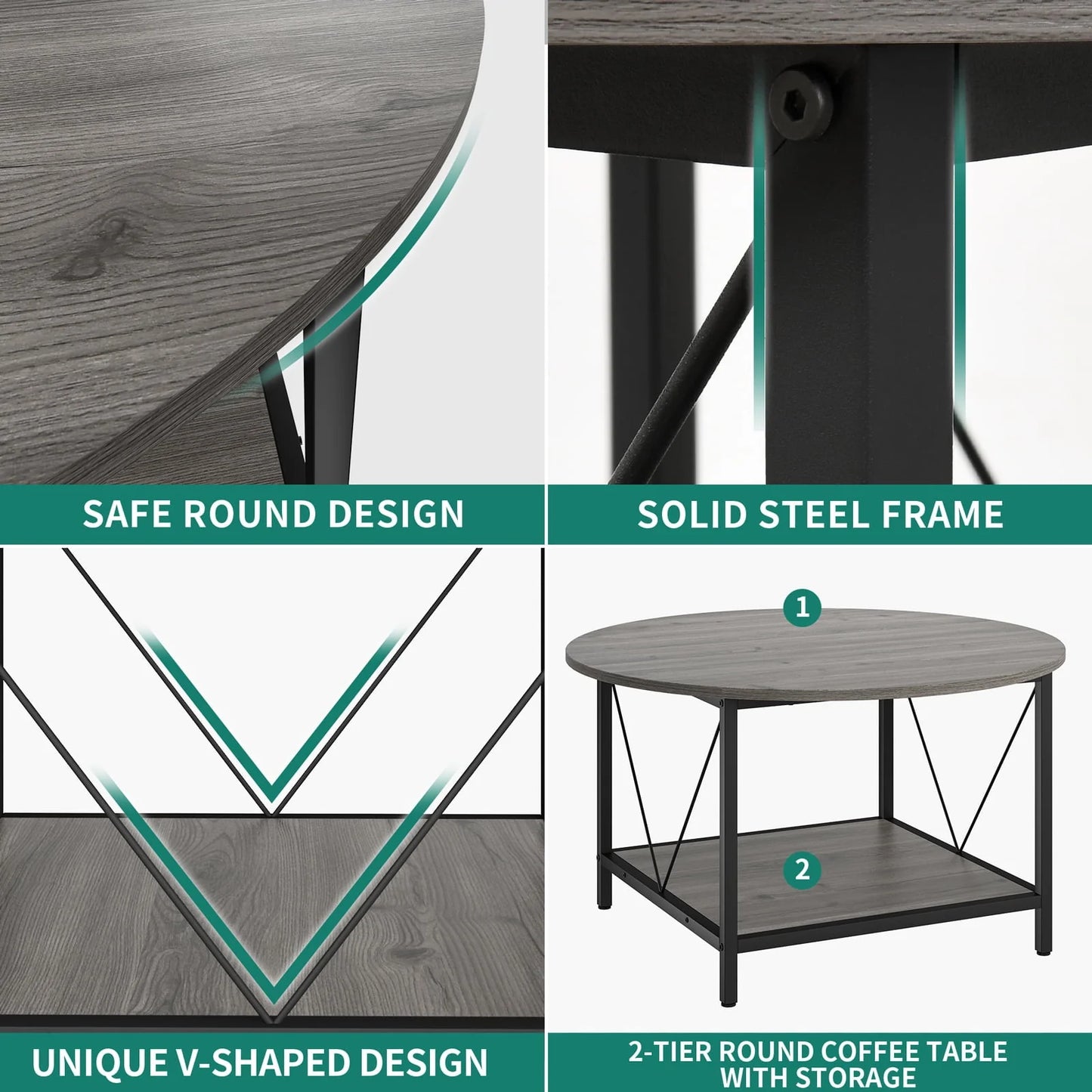 DWVO Round Coffee Table, 31.5" Industrial Design Furniture Sturdy Metal Frame Legs Table, Cocktail Table with Storage Open Shelf for Living Room, Gray