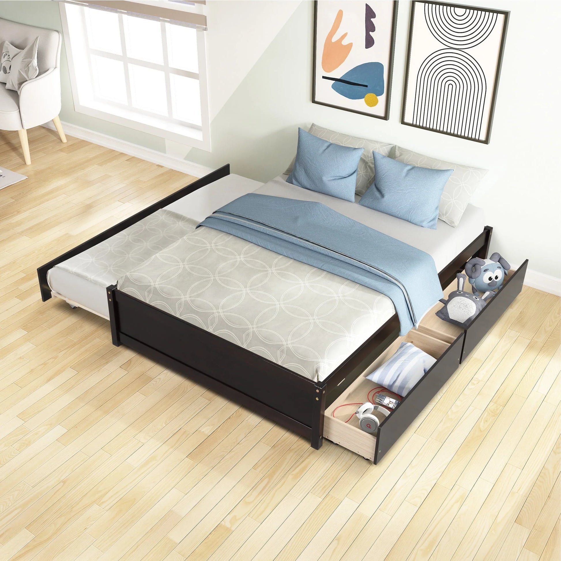 Full Size Platform Bed with 4 Storage Drawers, Solid Wood Bed Frame with Headboard and Slat Support, Storage Bed Frame for Kids Adults Bedroom, Easy Assembly, White