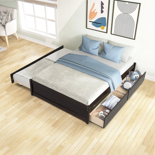 Full Size Platform Bed with 4 Storage Drawers, Solid Wood Bed Frame with Headboard and Slat Support, Storage Bed Frame for Kids Adults Bedroom, Easy Assembly, White