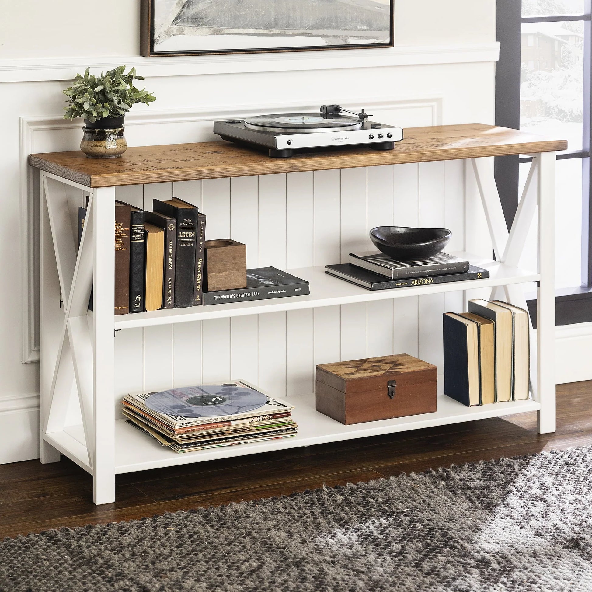 Woven Paths Solid Wood Storage Console Table, White/Reclaimed Barnwood