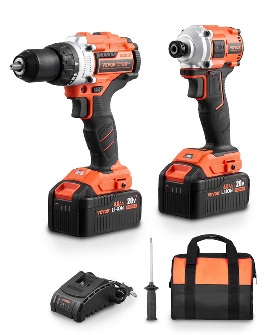 VEVOR Tool Combo Kit, 20V Max Cordless 2-Tool Combo Kit, with 1/2 in Impact Drill, 1/4 in Impact Driver, Compact Cordless Power Tool Combo Kit with 4.0 Ah Batteries