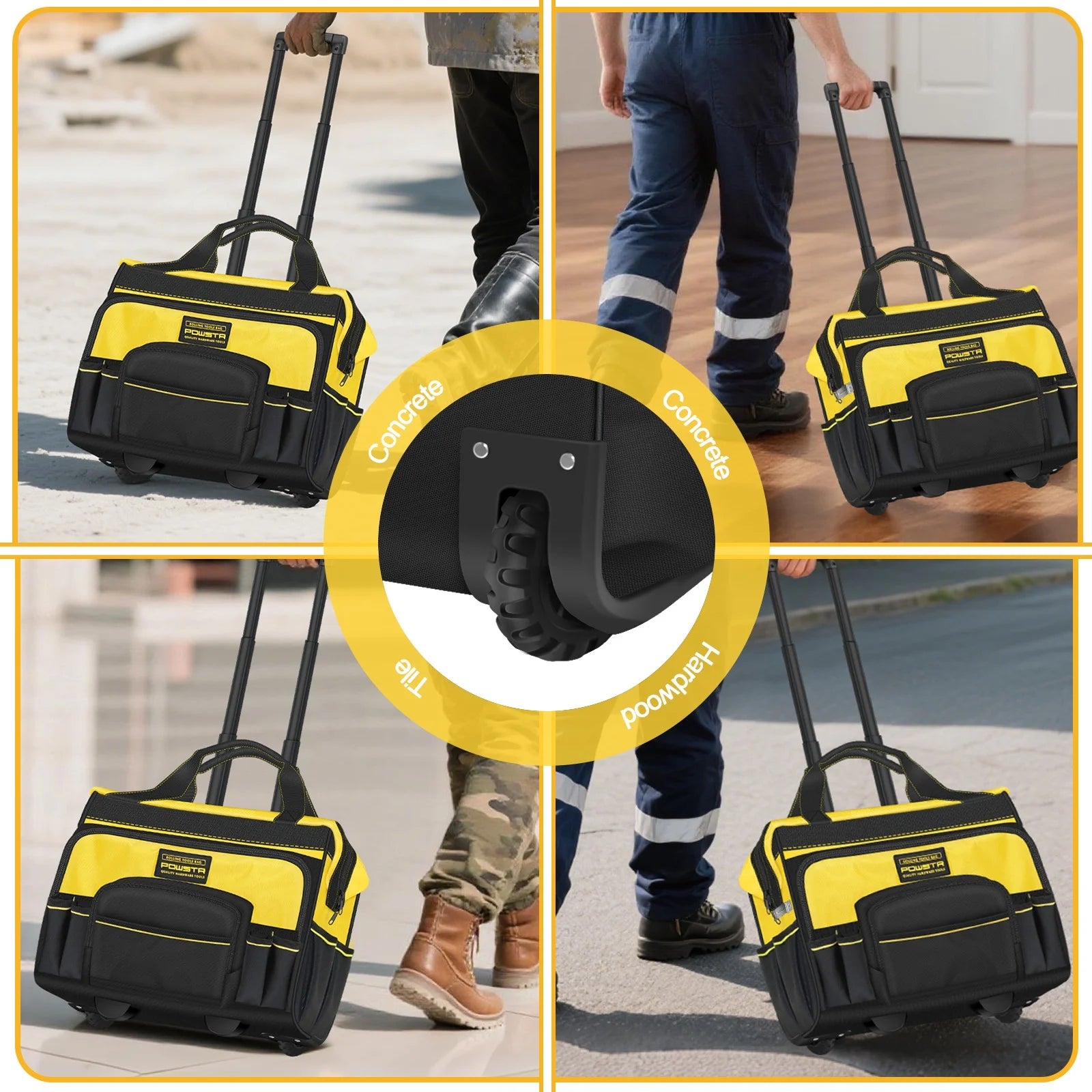 18" Rolling Tool Bag with Wheels, 15-Pocket Heavy Duty Rolling Tool Storage Bag with Retractable Handle for Construction, Carpentry, Repair