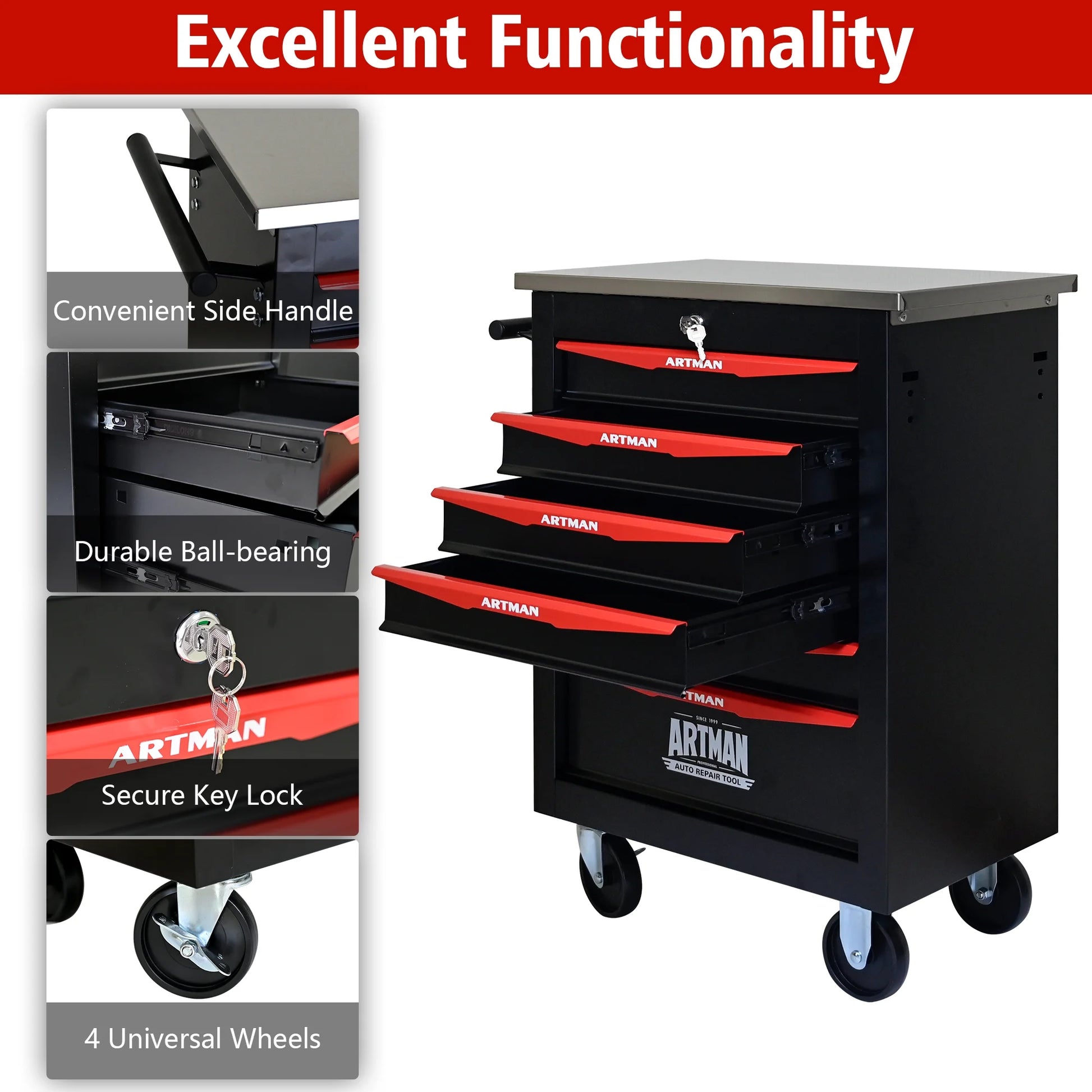ARTMAN 6 Drawers Metal Rolling Storage Tool Chest Cabinet Cart with Wheels,with Key Locking and Parking Brake, Tool Box for Garage Workshop Warehouse