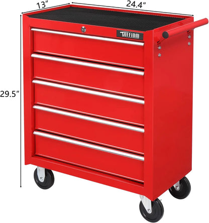 TUFFIOM 5-Drawer Rolling Tool Chest with Lock & Key, Tool Storage Organizer Box Cabinet with Wheels