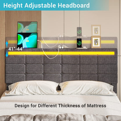 Full Size Bed Frame with 4 Storage Drawers, Platform Bed Frame with 2 USB Ports, Upholstered Bed with LED Headboard Footboard, Square Stitched Button Tufted Design, Dark Grey