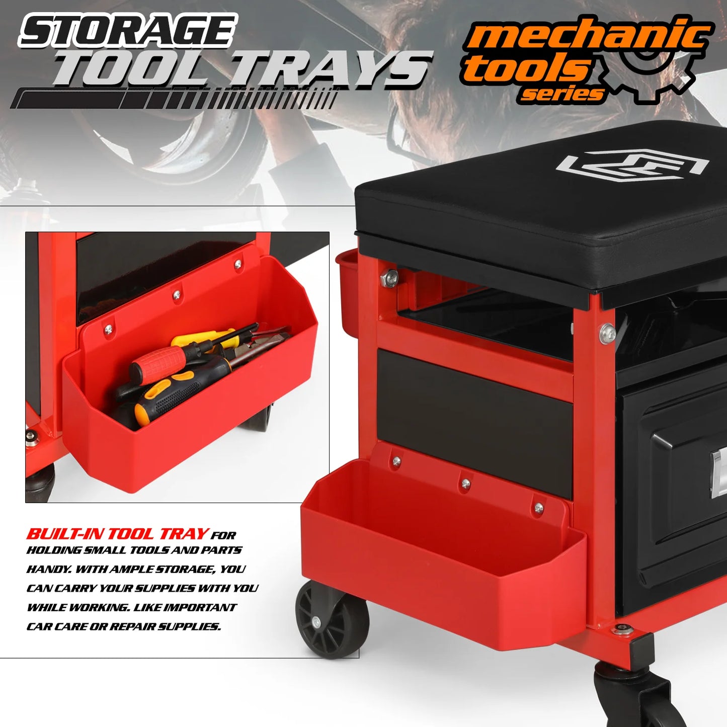 M-AUTO Adjustable Rectangular Roller Tool Box Padded Chair with Storage Tool Tray & Cabinet, 350 lbs Capacity with Casters - Red