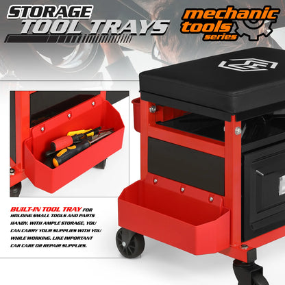 M-AUTO Adjustable Rectangular Roller Tool Box Padded Chair with Storage Tool Tray & Cabinet, 350 lbs Capacity with Casters - Red