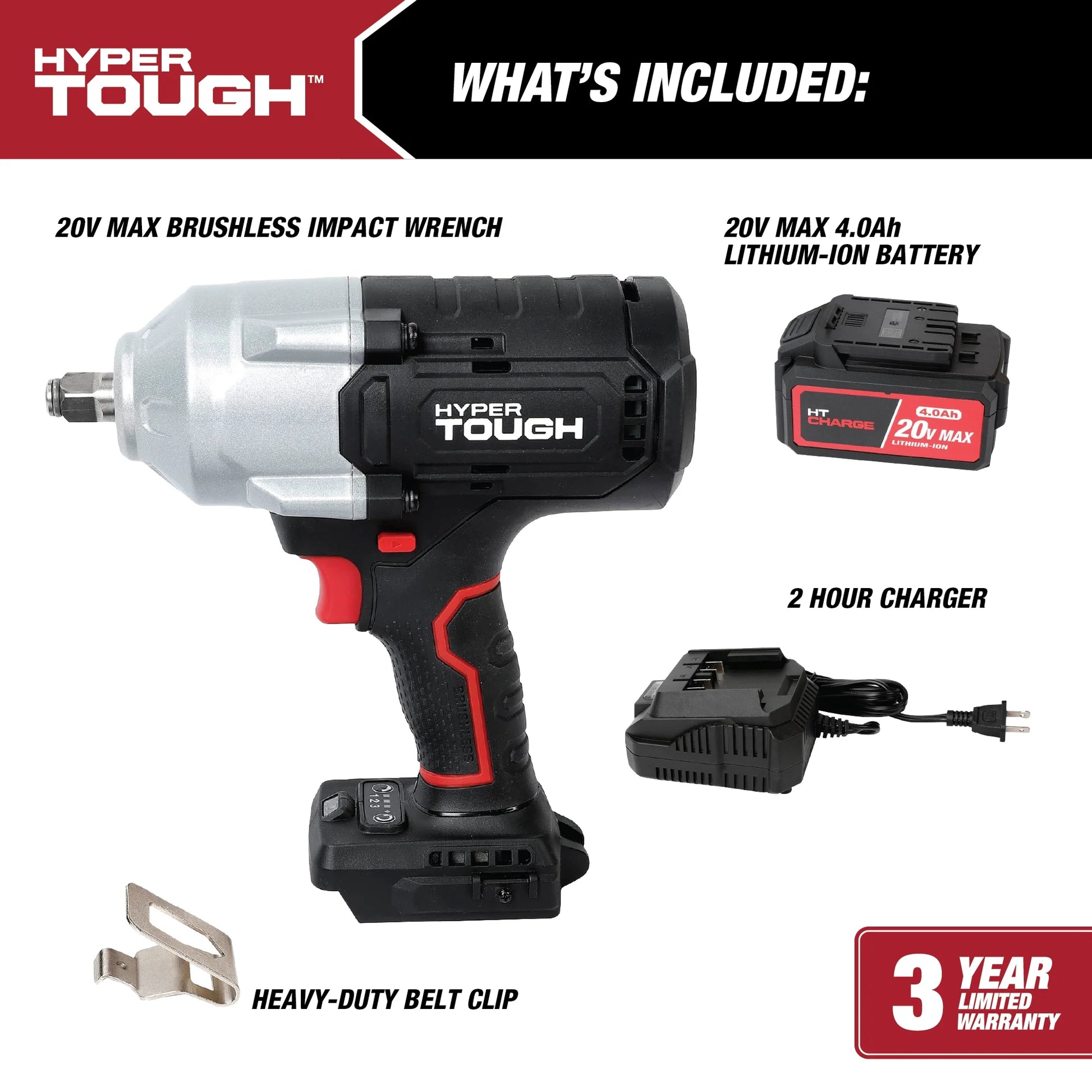 Hyper Tough 20V Max Brushless 1/2-inch High-Torque Cordless Impact Wrench with 4.0Ah Lithium-Ion Battery and Charger