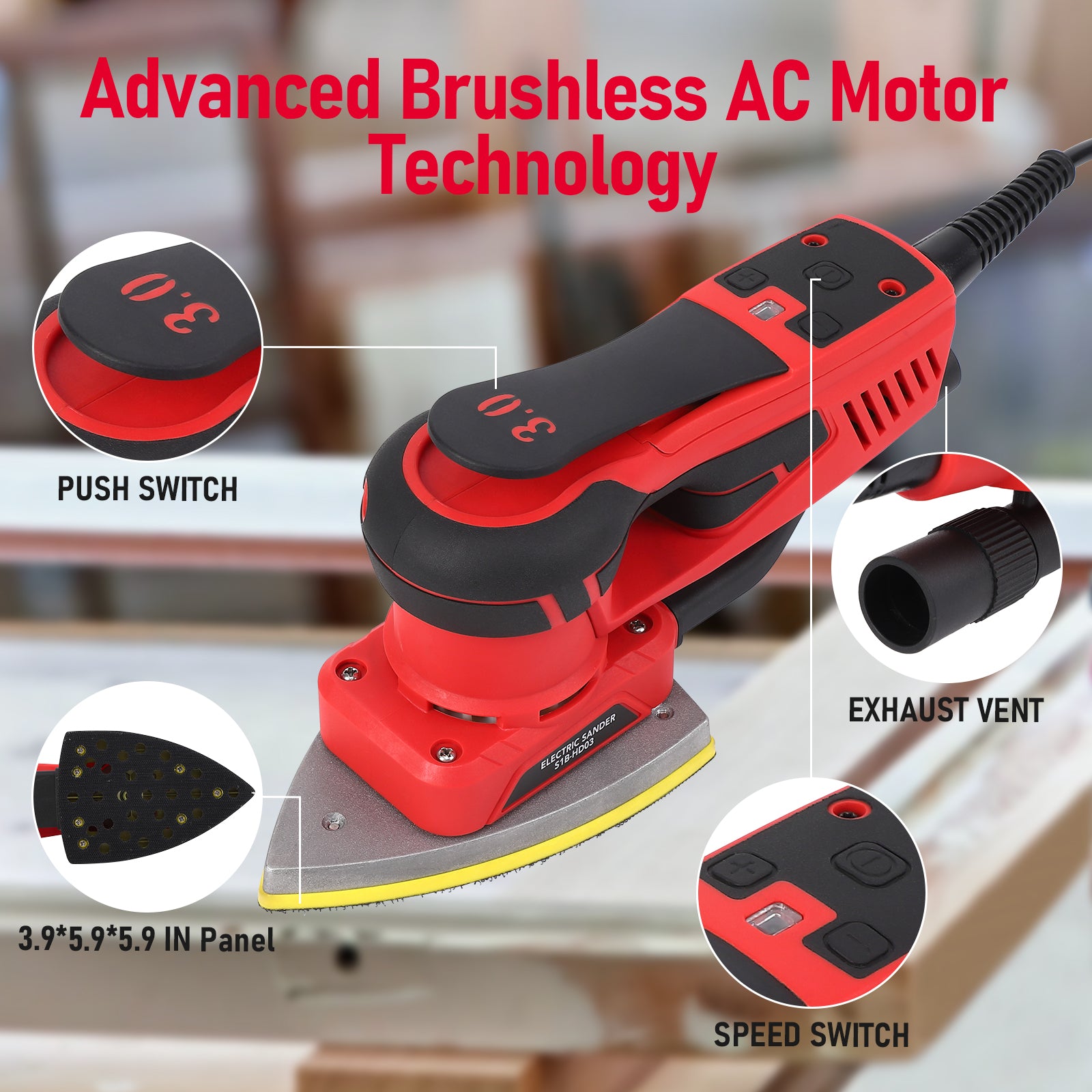 M optimized Electric Detail Sander with 12 Sanding Paper, 350W Brushless Motor Mouse Sander, Powerful & Low Vibration, 10000 RPM, for Wood Working, Polishing, Carpentry