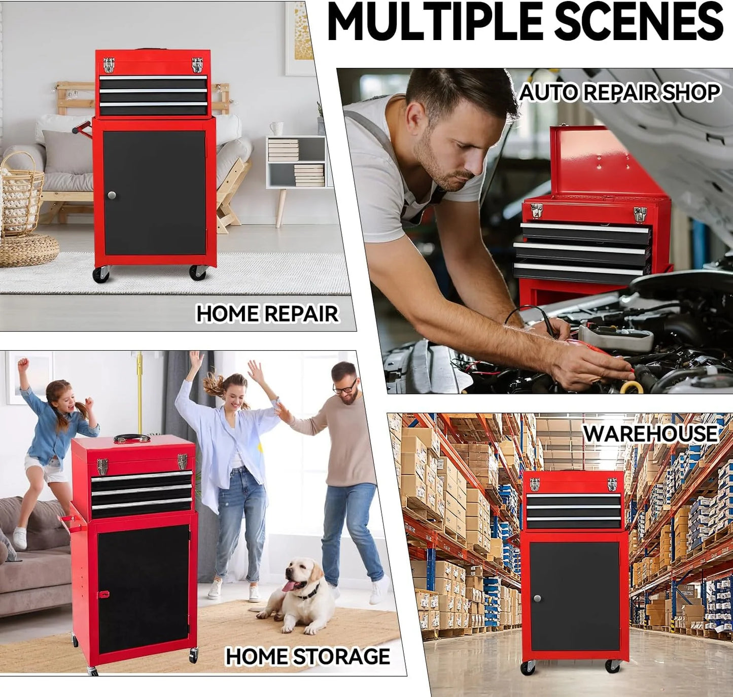 HPDAVV Detachable 3 Drawer Tool Chest Large Storage Cabinet and Adjustable Shelf Red
