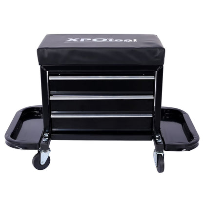350-Pound Capacity Garage Glider Rolling Tool Chest SeatMechanics Roller Seat with 3 Drawers, Rolling Tool Chest Garage Chair, Toolbox on Wheels Mechanics Seat