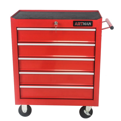 5-Drawer Rolling Tool Chest on Wheels, 24-inch Tool Storage Cabinet with Locking System for Garage Workshop Warehouse Repair Shop, Red