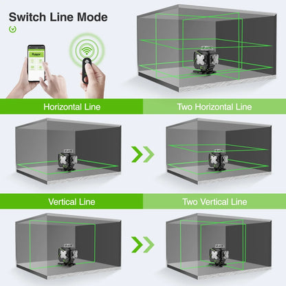 4D 16 Lines Self-Leveling Laser Level, 200Ft Green Beam 4 x 360° Cross Line Laser Level Tools with LCD Screen, Bluetooth and Magnetic Bracket