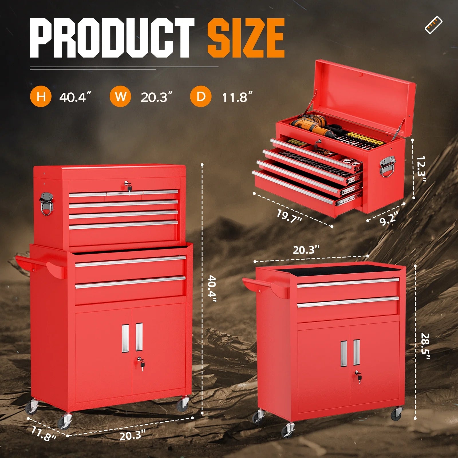 2-IN-1 Tool Chest & Cabinet, Large Capacity 8-Drawer Rolling Tool Box Organizer with Wheels Lockable, Red