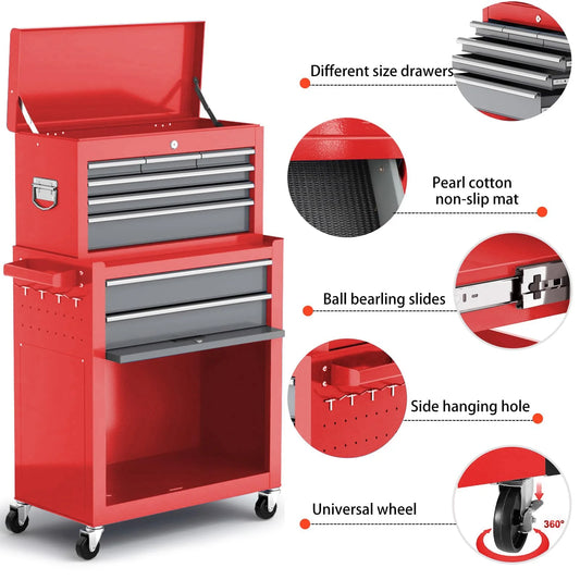 AIRAJ 8-Drawer Industrial Tool Chest | Heavy-Duty Rolling Tool Cabinet with Locking Wheels & Removable Lid | Workshop Organizer with Hooks/Liners