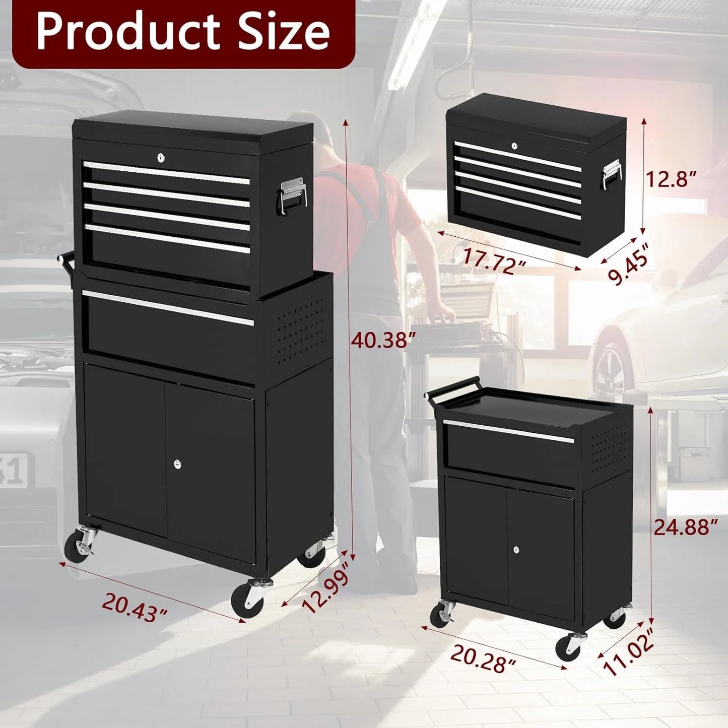 Huloretions 20" Tool Chest,Tool Storage Removable Tool Box Combo Rolling Tool Chest, 5-Drawers Metal Tool Box Organizer w/Auto Locking System & Lockable Wheels, Sliding Drawers, Detachable Top
