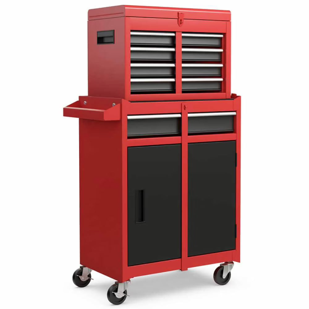 Demifill 2-in-1 Tool Chest and Cabinet with 5 Sliding Drawers, Large Storage Space and Detachable Design, Red