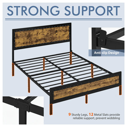 Yaheetech Metal Platform Bed with with Storage, Queen Size, Rustic Brown