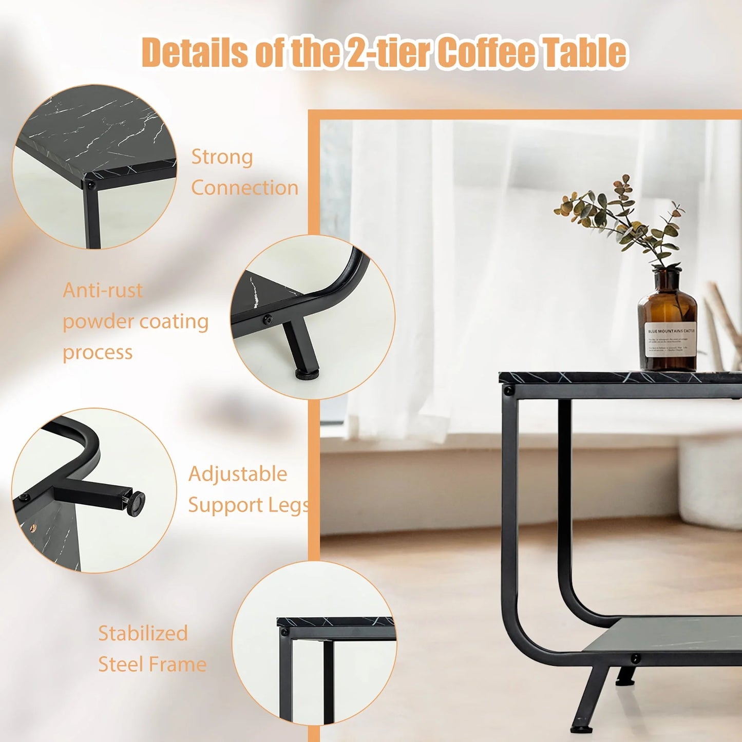 Costway Coffee Table 2-Tier Modern Marble Coffee Table W/Storage Shelf for Living Room