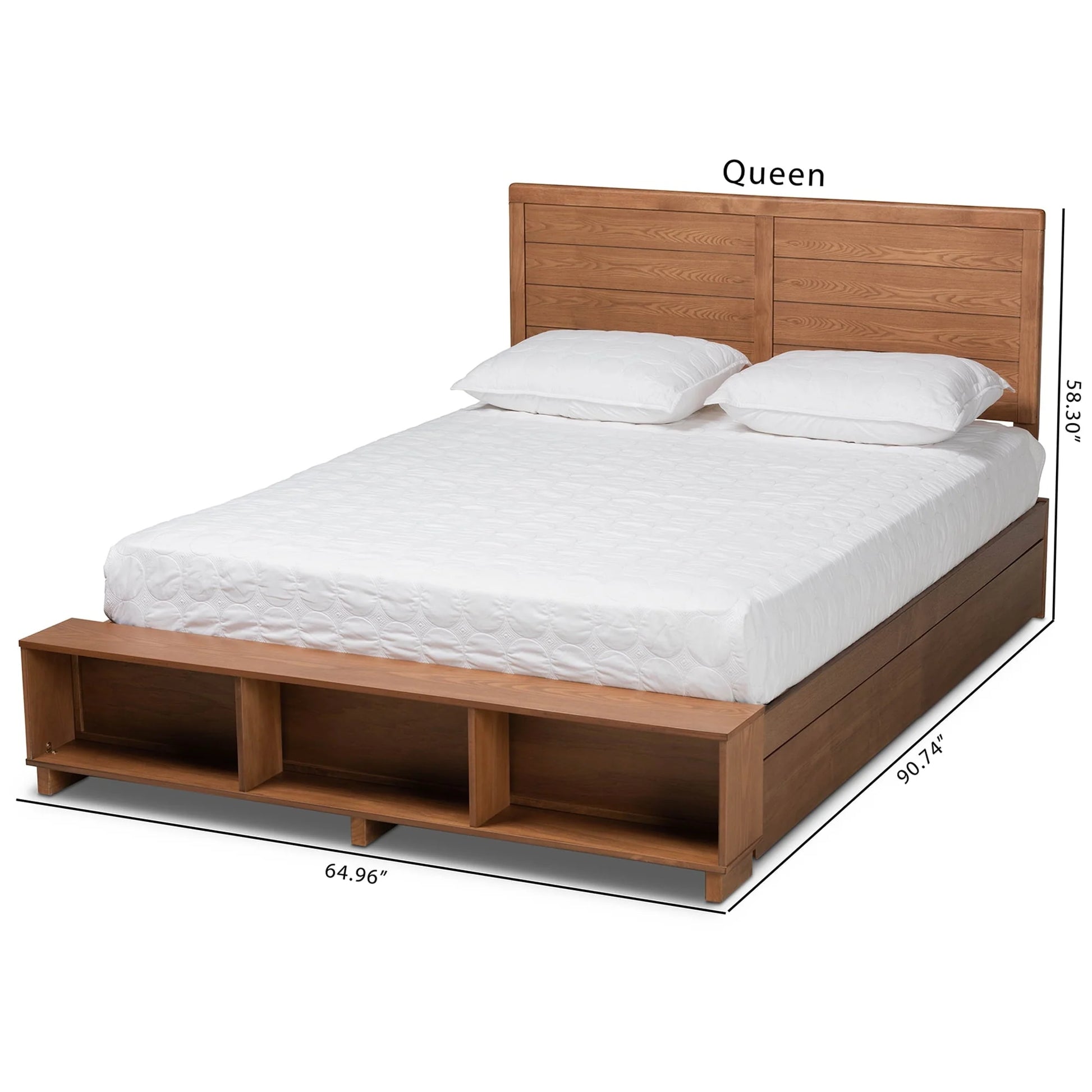 Baxton Studio Alba Modern Transitional Ash Walnut Brown Finished Wood Queen Size 4-Drawer Platform Storage Bed with Built-In Shelves