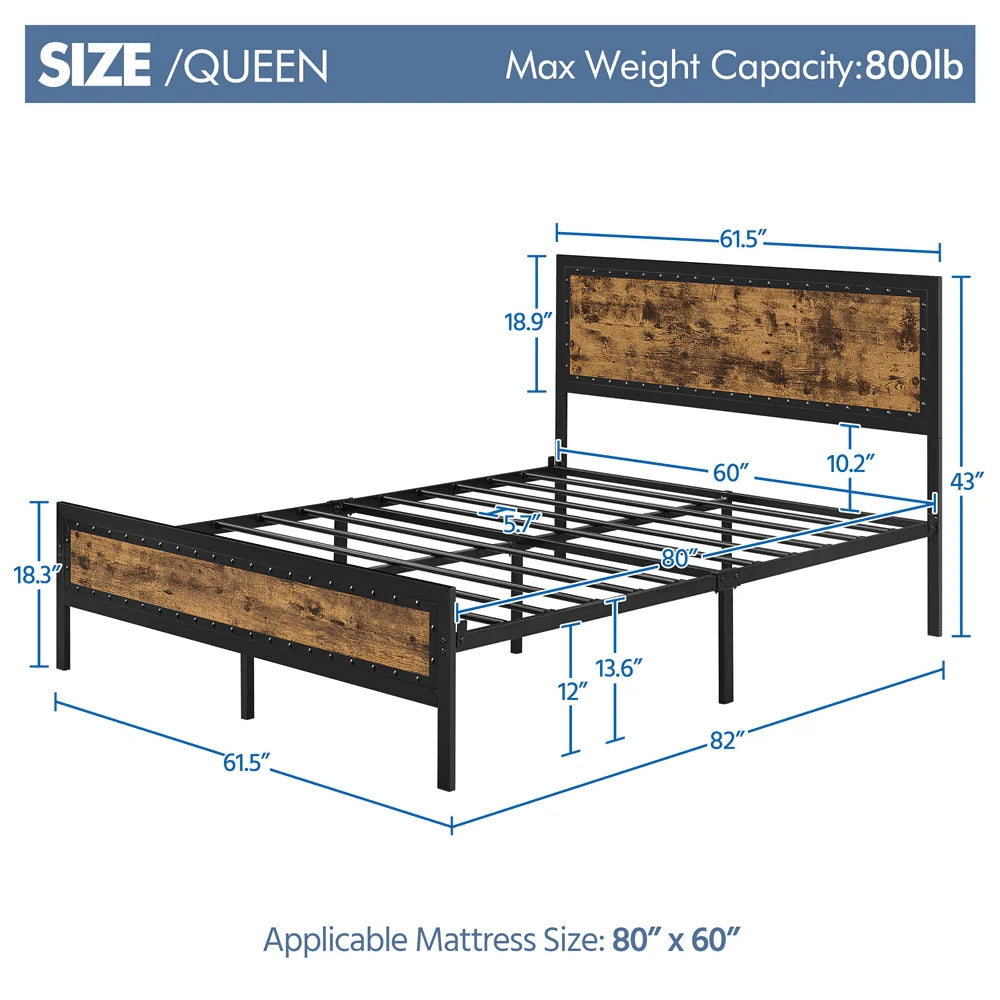 Yaheetech Metal Platform Bed with with Storage, Queen Size, Rustic Brown