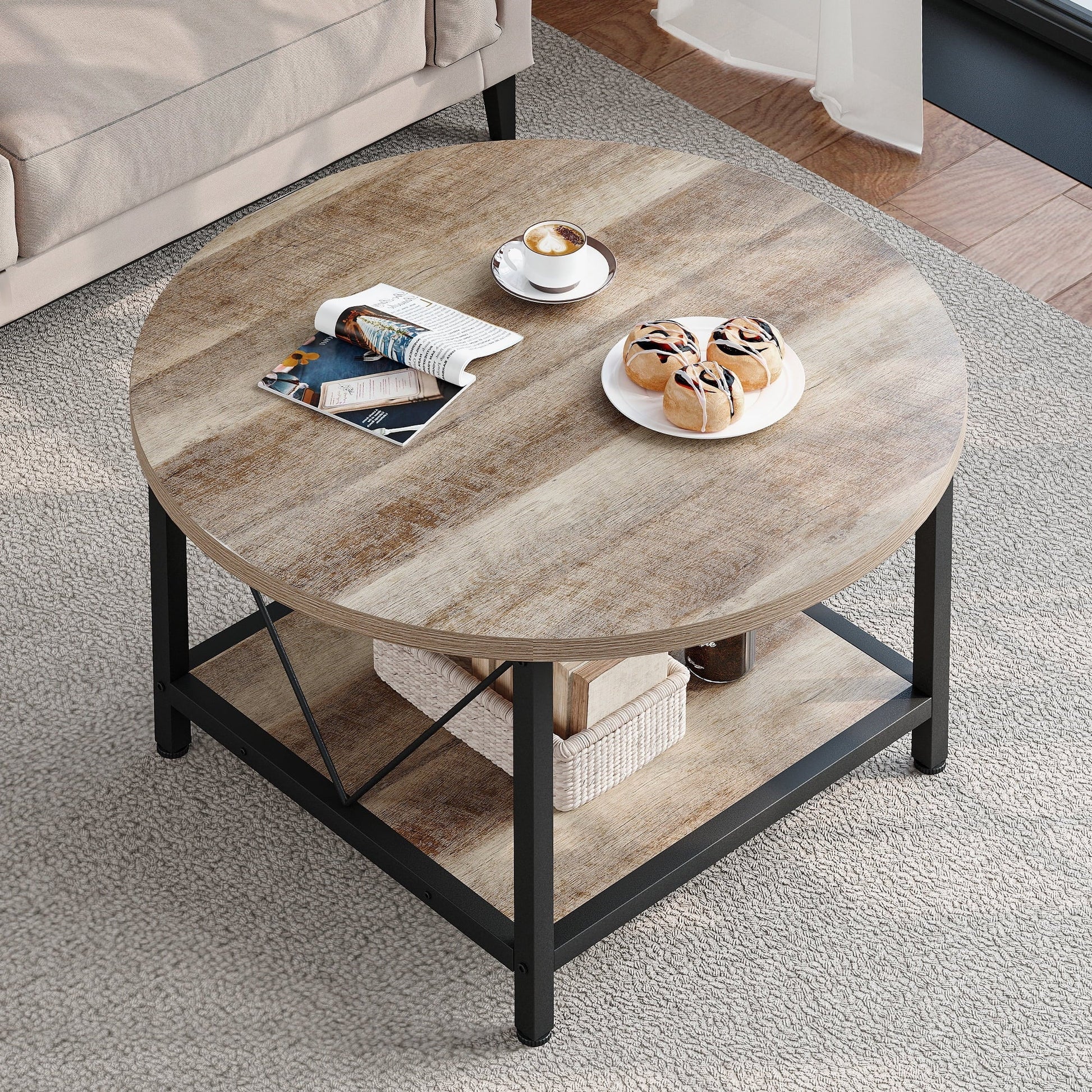 Dextrus Round Coffee Table with Storage, Rustic Living Room Tables with Sturdy Metal Legs, OAK