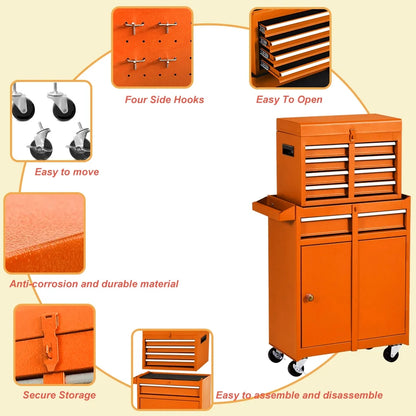 Odaof Tool Storage Cabinet and Chest, Cabinet with 4 Wheels, 5 Drawers, Large Capacity Removable Box with Lock for Garage and Warehouse-Orange