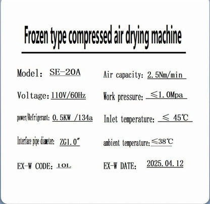 HPDMC Industrial Heavy Duty Refrigerated Air Dryer, 70 CFM, 0.75 KW, 110V For 15HP-20HP Rotary Screw Compressors, R134a Cooling System, Removes Moisture, Oil, Dust for Workshops, Factories, CNC
