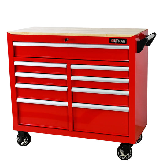 ARTMAN 9 Drawer Rolling Tool Chest with Wheels and Wooden Top, Heavy Duty Industrial Service Cart Storage Organizer with Locking System,45.28*18.11*39.37inches,1 Pack