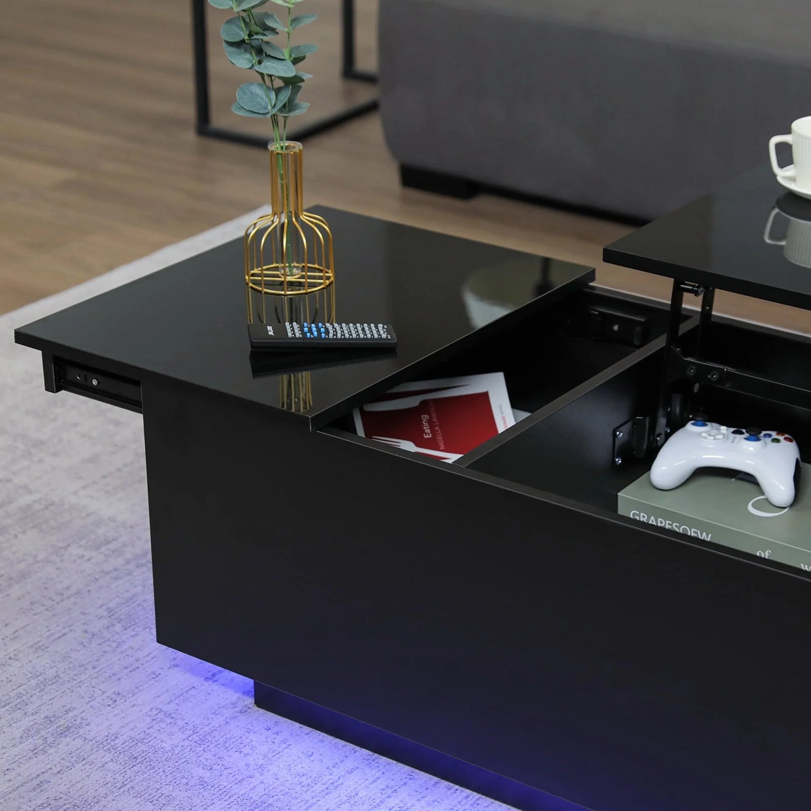 Hommpa LED Lift Top Coffee Table with Charging Station High Gloss Rectangle Center Tea Desk Black Hidden Storage Rising Dining Cocktail Tables Living Room
