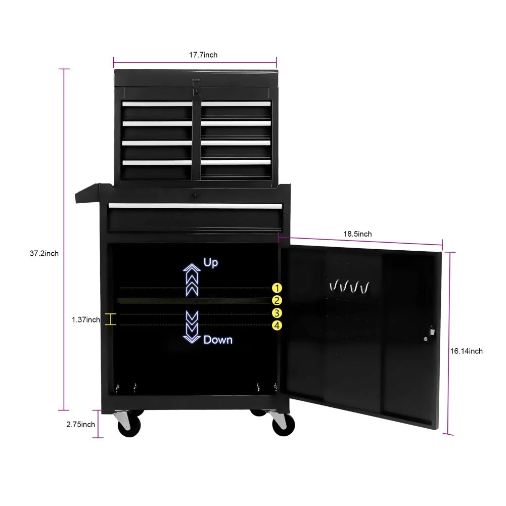 5-Drawer Rolling Tool Chest, Tool Storage Box with Wheels and Locking System, Removable Tool Cabinet with Bottom Cabinet and Adjustable Shelf, for Garage Warehouse Workshop