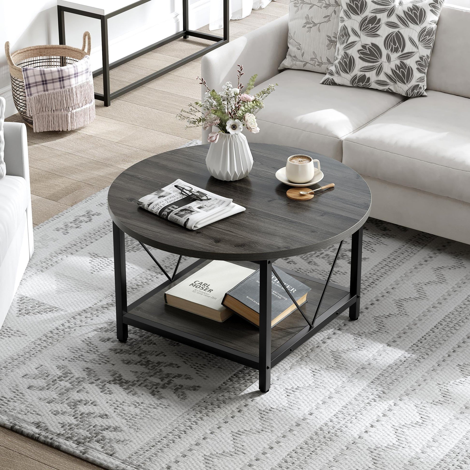 DWVO Round Coffee Table, 31.5" Industrial Design Furniture Sturdy Metal Frame Legs Table, Cocktail Table with Storage Open Shelf for Living Room, Gray