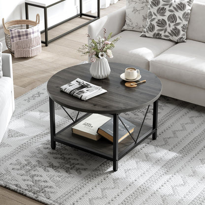 DWVO Round Coffee Table, 31.5" Industrial Design Furniture Sturdy Metal Frame Legs Table, Cocktail Table with Storage Open Shelf for Living Room, Gray