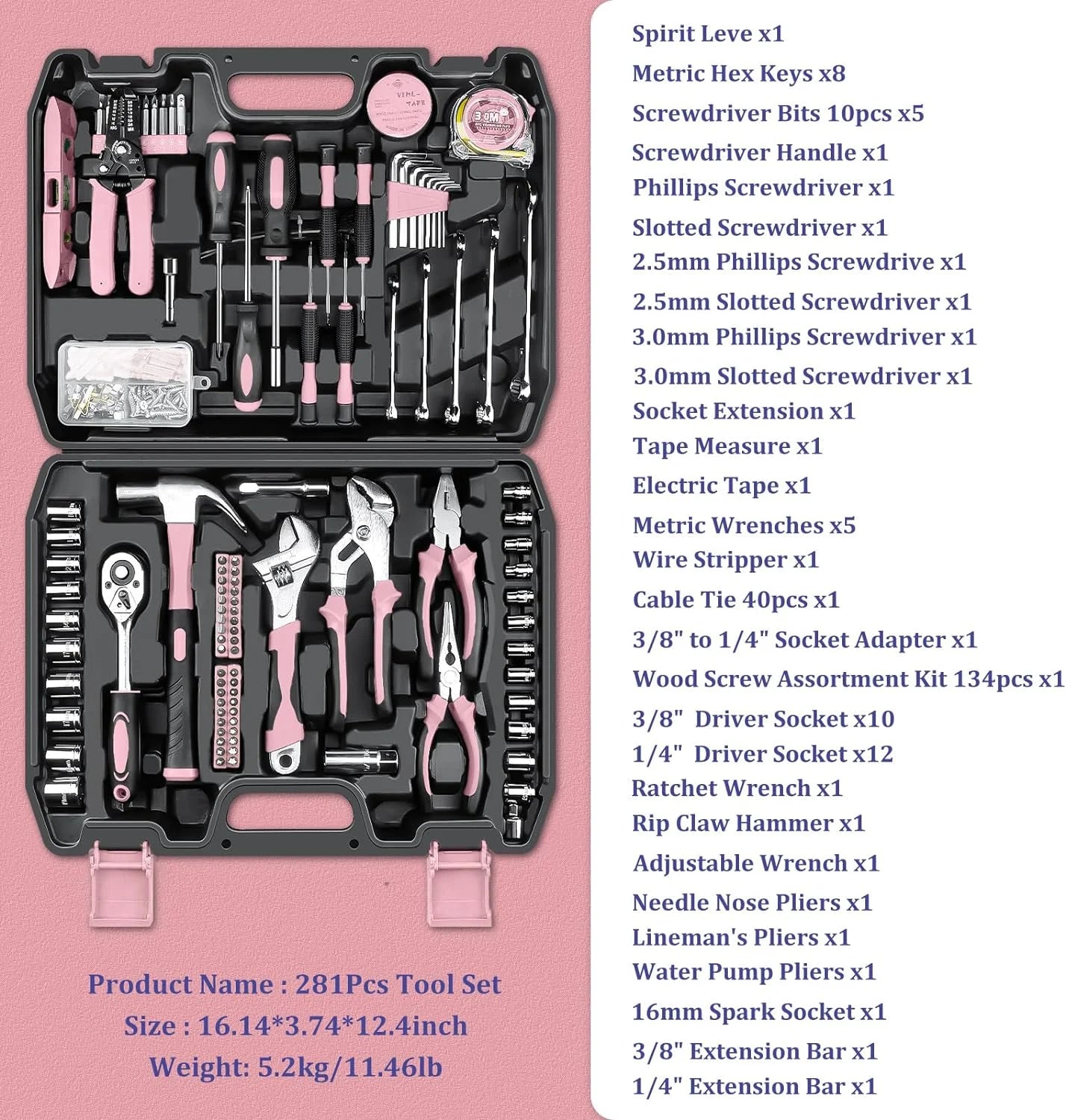 Home Tool Kit 281-PCs - General Basic Home Auto Repair Tool Kits - Complete Portable Hand Tool Sets for Women - Tool Box Set with Socket Wrench Set & Screwdriver Sets & Hex Key & Pliers