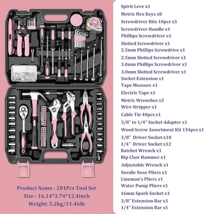 Home Tool Kit 281-PCs - General Basic Home Auto Repair Tool Kits - Complete Portable Hand Tool Sets for Women - Tool Box Set with Socket Wrench Set & Screwdriver Sets & Hex Key & Pliers