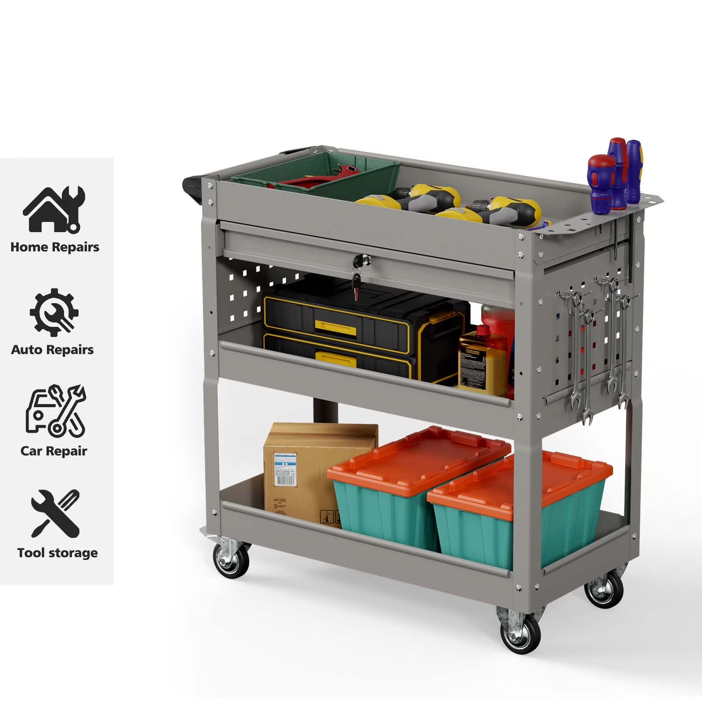 Odaof 4-Wheel Big Rolling Tool Storage Cart with Ball-Bearing Slides for Garage and Warehouse (Orange)