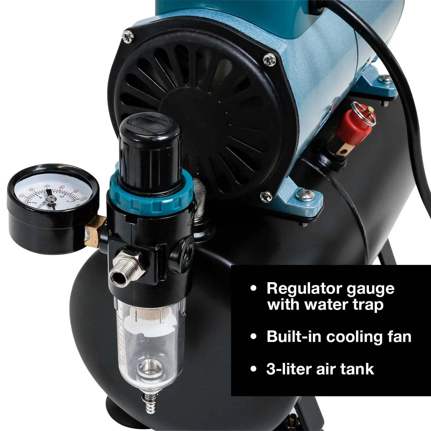 Master Airbrush Model TC-40T - Cool Runner Professional High Performance Single-Piston Airbrush Air Compressor with 3-Liter Air Tank, 2 Holders, Regulator, Gauge, Water Trap Filter & Air Hose