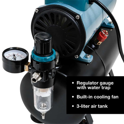 Master Airbrush Model TC-40T - Cool Runner Professional High Performance Single-Piston Airbrush Air Compressor with 3-Liter Air Tank, 2 Holders, Regulator, Gauge, Water Trap Filter & Air Hose