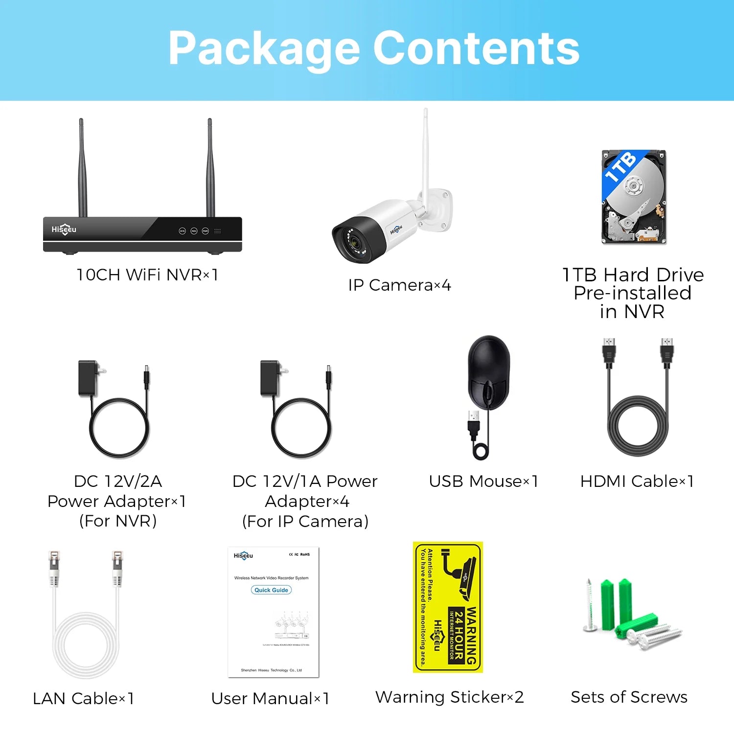 Hiseeu Wireless Security System w/4 Cameras, 2 Way Audio, & 1TB Hard Drive