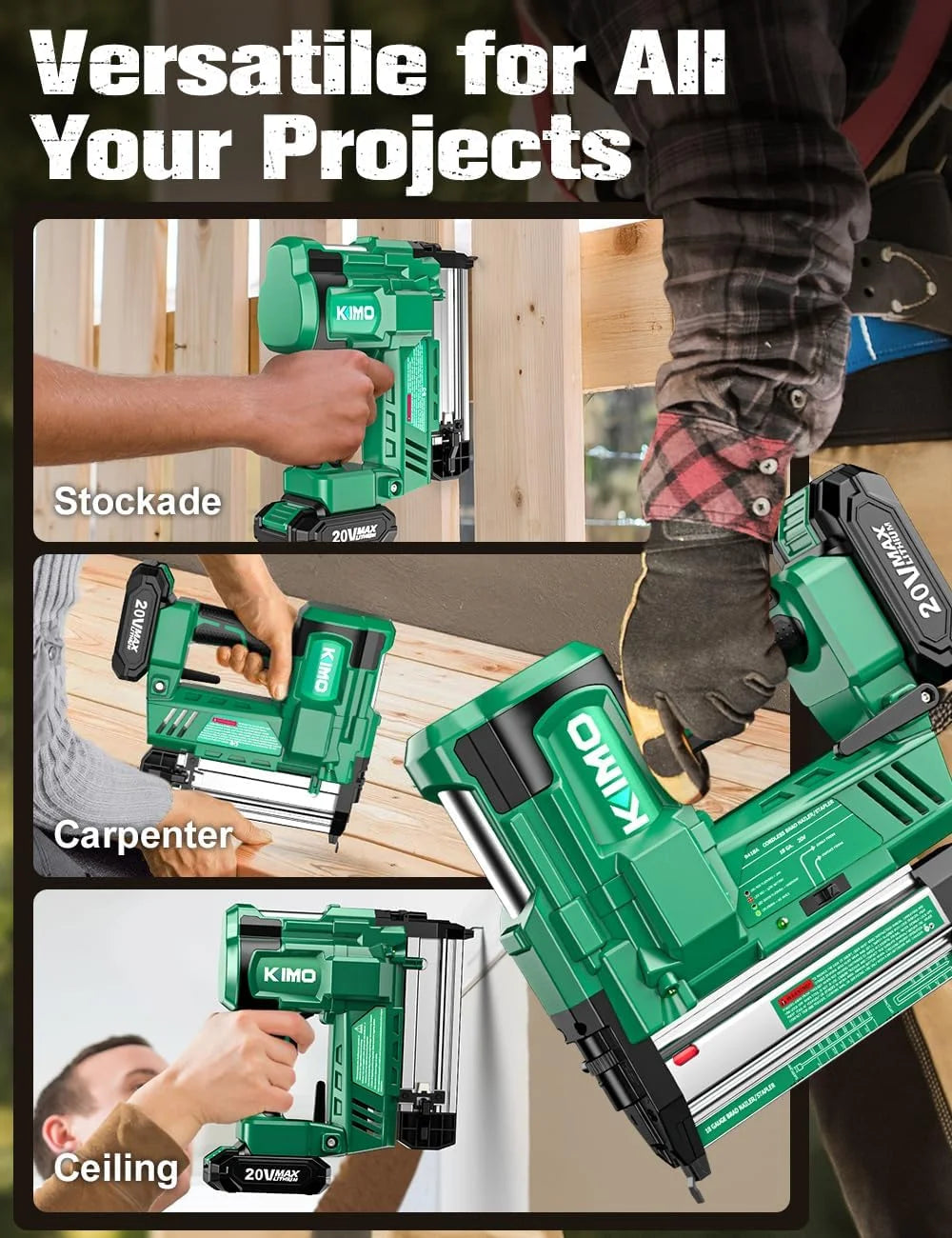 KIMO 18 Gauge Nail Gun Cordless with 20V Battery 2.0Ah X 2, 1000pcs Nails and Staples, 2 Firing Modes, 180 Nails/min, Adjustable Nailing Depth, 2 in 1 Cordless Brad Nailer and Stapler for DIY Project