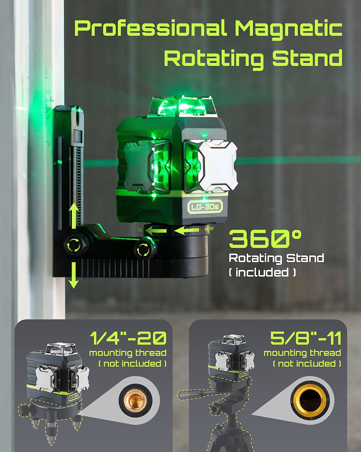 Laser Level 3x360? LASGOO with Remote Control, 2 Rechargeable Batteries, 100FT Range, 360? Magnetic Rotating Stand, IP54, 3Ds