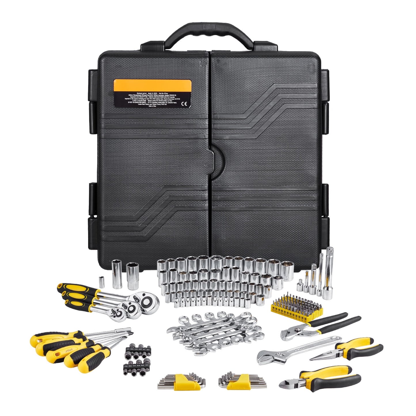 KFFKFF 207-Component Mechanics Tool Set and Socket Set, 1/4" 3/8" 1/2" Drive Sockets, SAE and Metric Mechanic Tool Set with Bits, Spanners, Ratchet Handle, Add-ons, and Hard Plastic Carrying Case