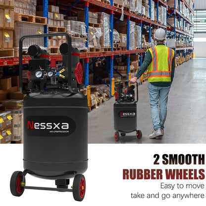 14-Gallon ultra-quiet air compressor 70dB, 2HP horsepower, 8.75CFM flow, maximum 116PSI pressure, oil-free design, 110V voltage, suitable for car repair, painting, and carpentry nailing operations