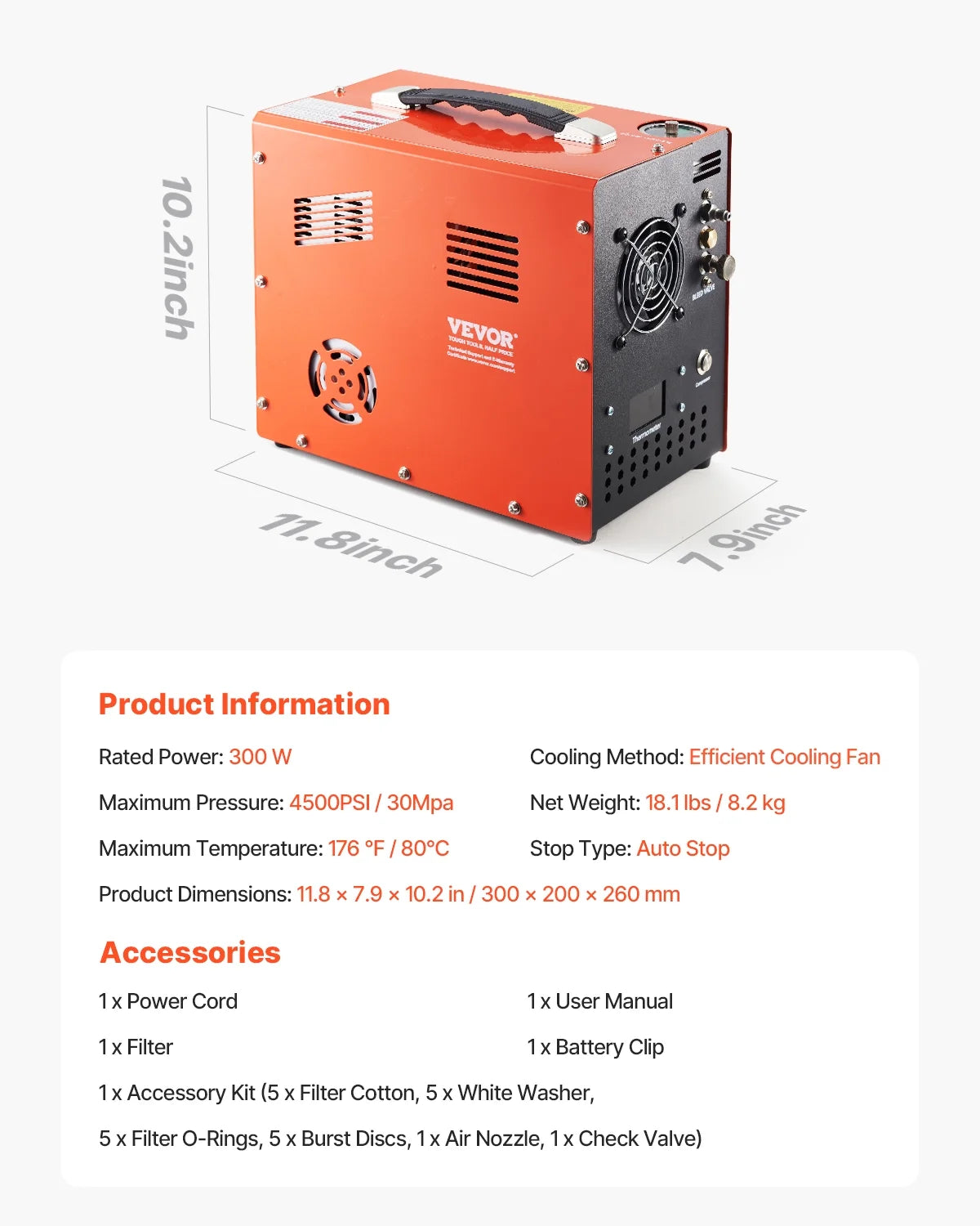 VEVOR PCP Air Compressor, 4500PSI/30Mpa PCP Airgun Compressor with Built-in Converter & Fan Cooling System, Auto Stop DC12V/AC120V Portable Paintball Tank Compressor for Air Rifle,Scuba Diving Bottle
