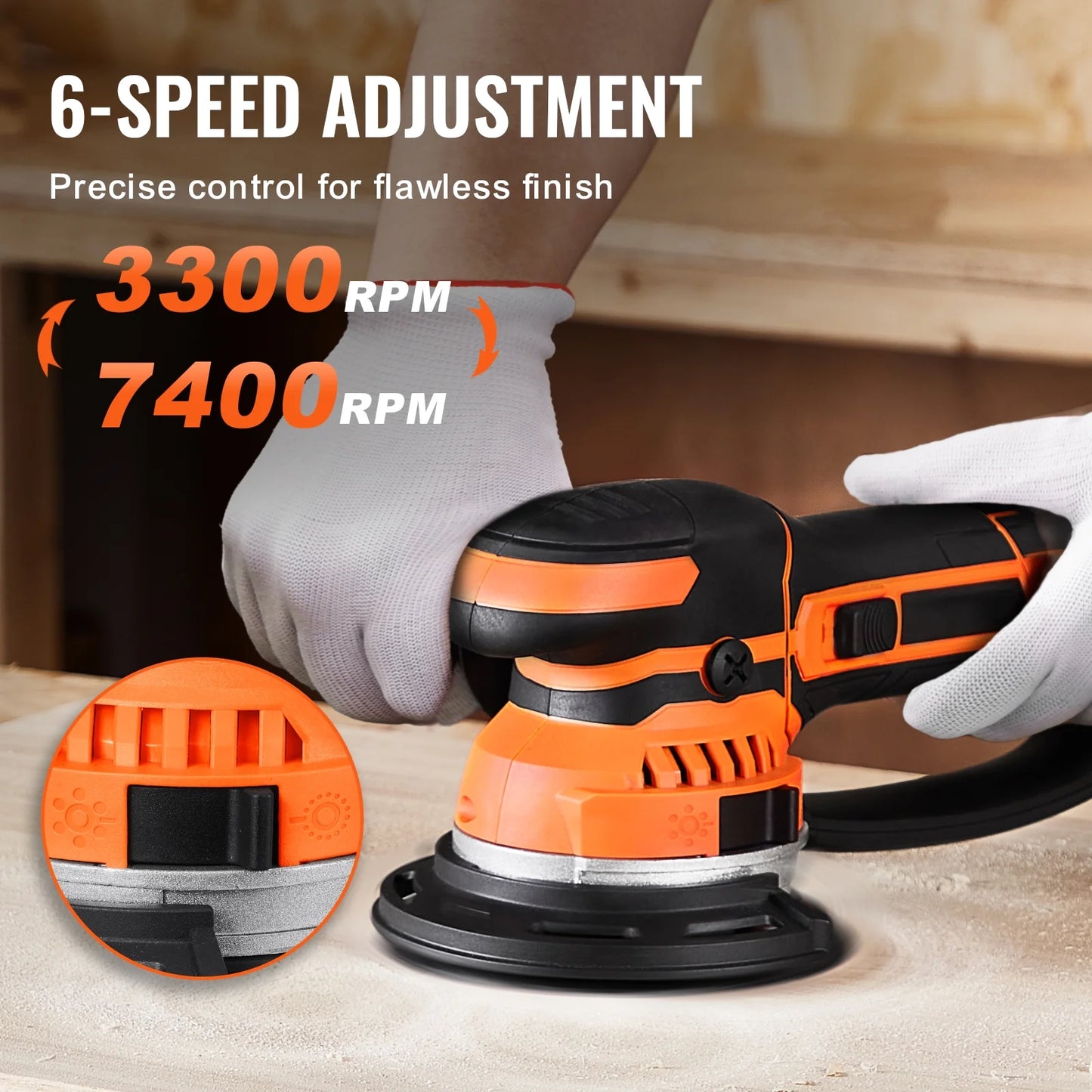 KFFKFF Eccentric Sander,Dual Function 6-Inch DA & GA Orbital Sander,850W 7400PRM with 6 Adjustable Speeds,Electric Hand Sander including 10PCS Sandpapers,Dust Attachment for Detailed Woodwork Sanding